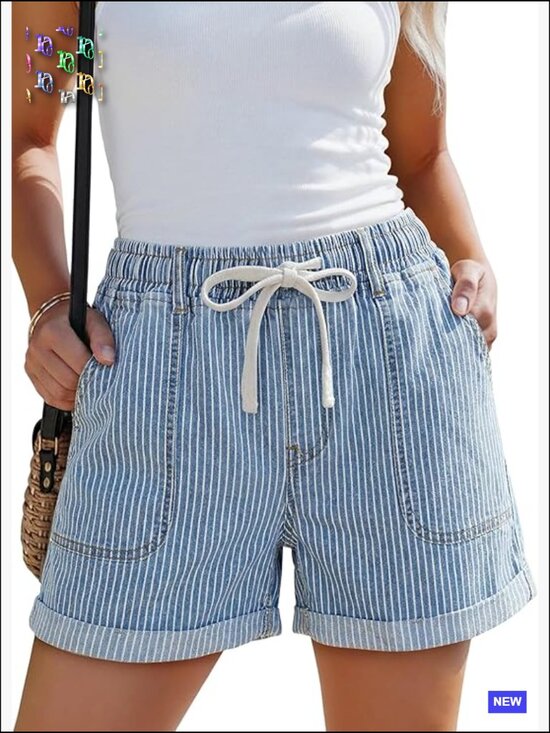 Pants - High Waisted Drawstring Elastic Waist Summer Stretchy Denim Jorts with Pockets